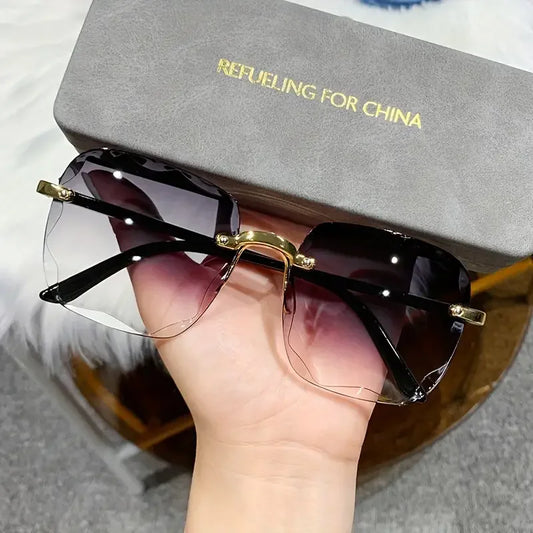Luxury Square Rimless Sunglasses – Unisex Designer UV400 Red-Tinted Shades for Summer Style
