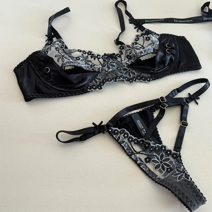 Silk Black Lace Halter Bra Set – Thin Steel Ring Top Support Lingerie for Women