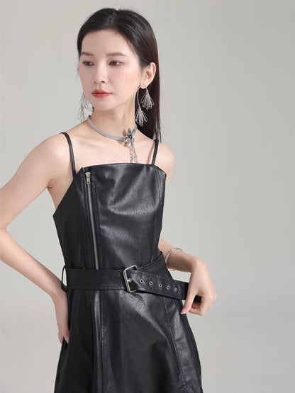 [Vibe] Black Leather Belted Dress – Sleeveless Fashion Loose Fit Women’s Dress