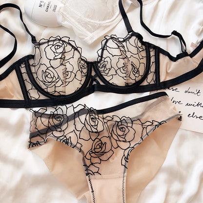 Rose Embroidery Plus Size Lingerie – Anti-Sagging Soft Steel Ring Bra Set for Women