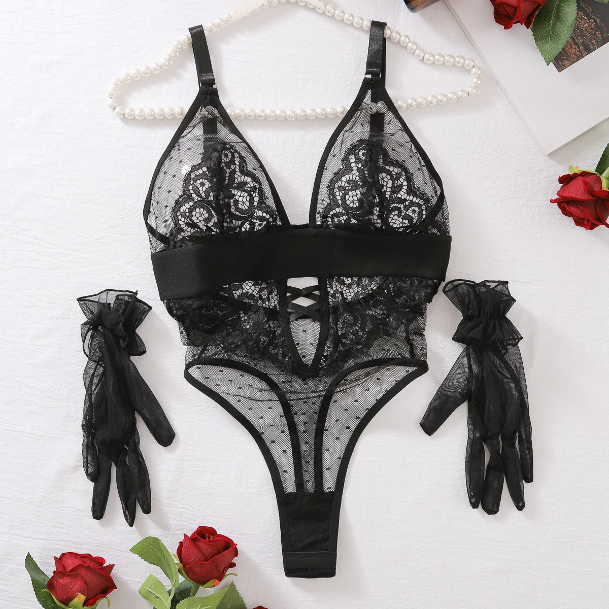 Sexy Polka Dot Spliced Mesh Jumpsuit – Transparent Lingerie Bodysuit for OnlyFans & Intimate Wear