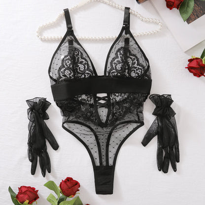 Sexy Polka Dot Spliced Mesh Jumpsuit – Transparent Lingerie Bodysuit for OnlyFans & Intimate Wear
