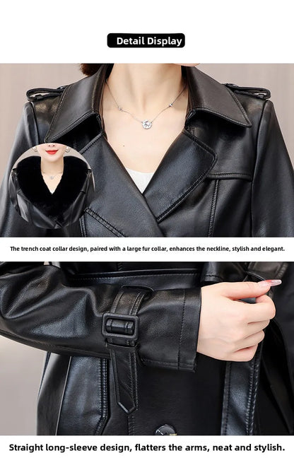 Trendy Sheepskin Leather Coat – Long Over-Knee Autumn Winter Fashion for Women