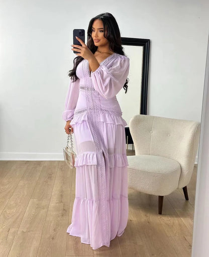 Elegant Ruffle Hollow-Out Maxi Dress – Summer Party Chic
