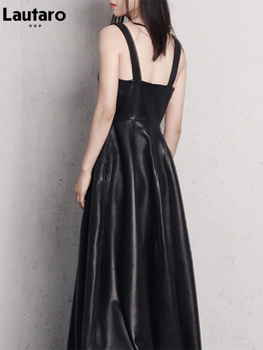 Women’s Luxury Faux Leather Maxi Dress – Lautaro Elegant Fit & Flare Retro Style