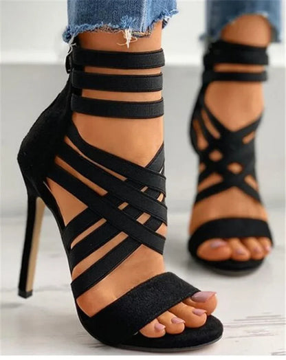 Sexy Back Zipper Peep Toe Heels – Elastic Cross Strap High Heel Sandals