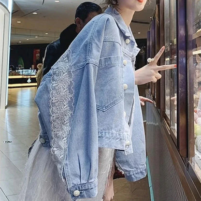 Elegant Lace-Trimmed Denim Coat – Women’s Spring/Autumn Designer Jacket