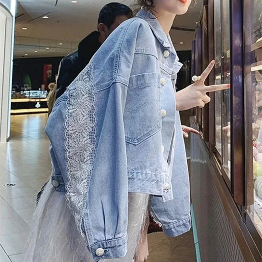 Elegant Lace-Trimmed Denim Coat – Women’s Spring/Autumn Designer Jacket