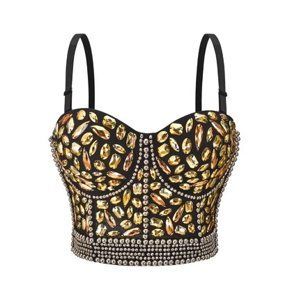 Women’s Luxury Bustier Crop Top – Rhinestone Beaded Push Up Bralette for Club & Rave