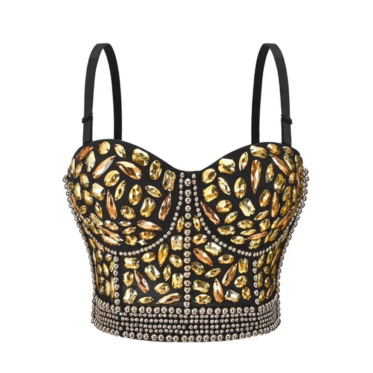 Women’s Luxury Bustier Crop Top – Rhinestone Beaded Push Up Bralette for Club & Rave