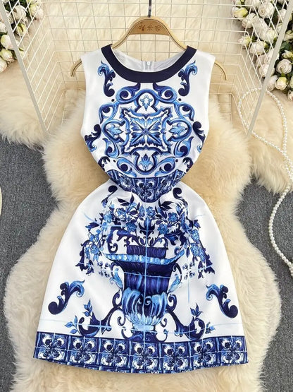 Runway-Inspired Blue & White Floral Sleeveless Holiday Mini Dress