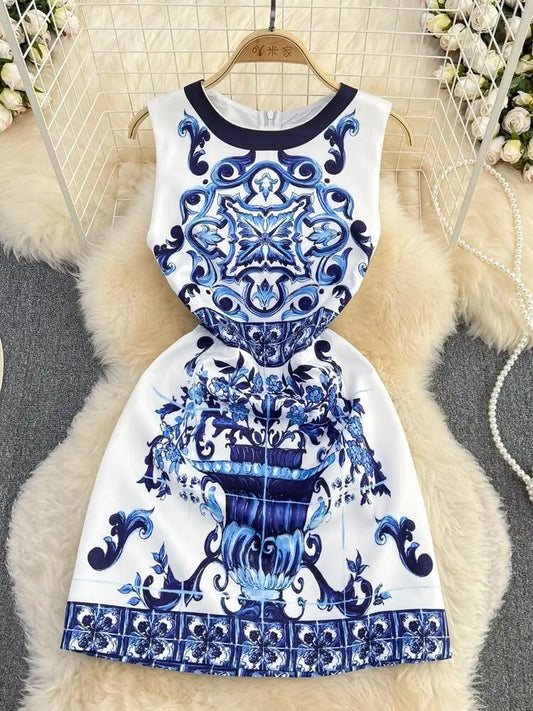 Runway-Inspired Blue & White Floral Sleeveless Holiday Mini Dress
