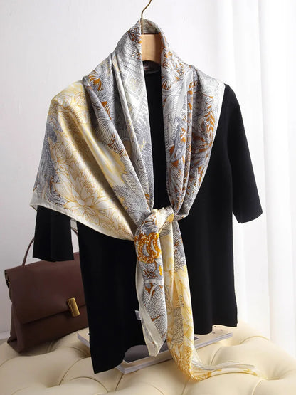 Luxury 110CM Silk Scarf for Women – Tropical Faubourg Print Head & Neck Shawl