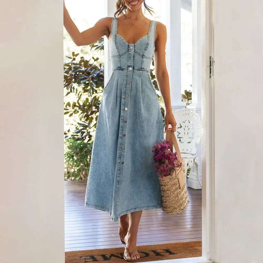 Women’s Vintage Button Denim Long Dress – Timeless Spring Style
