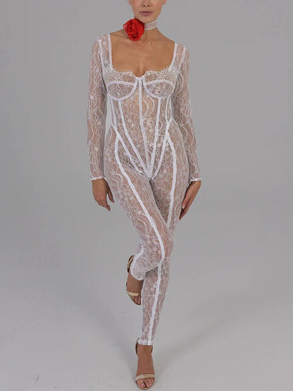 Sexy White Lace Jumpsuit – Fantoye Long Sleeve Club & Party Romper