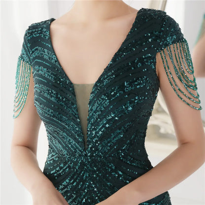Glamorous Beaded Mermaid Evening Dress – Elegant V-Neck Silhouette for Women