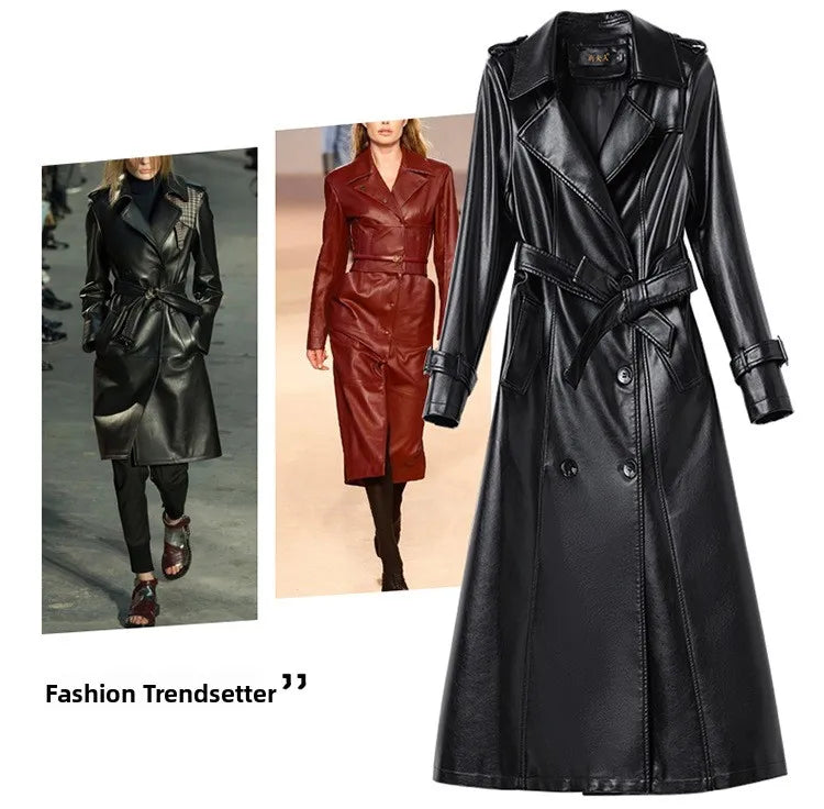 Trendy Sheepskin Leather Coat – Long Over-Knee Autumn Winter Fashion for Women