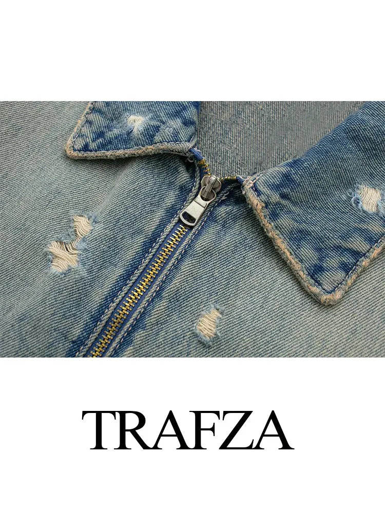 Women's Edgy Denim Jacket – Hole Detail Zipper Front Short Top by TRAFZA