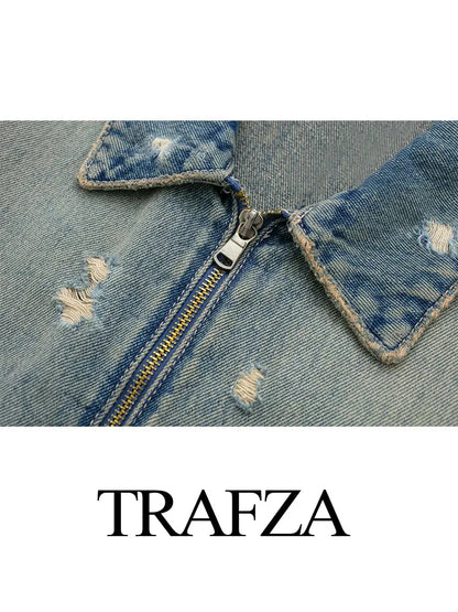 Women's Edgy Denim Jacket – Hole Detail Zipper Front Short Top by TRAFZA