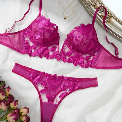 French Style Embroidered Lingerie Set – Deep V Plunge Bra & Sheer Thong for Women