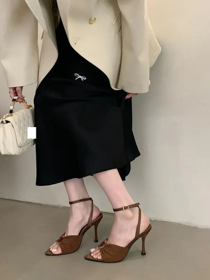 Aneikeh Elegant Pointed Toe High Heel Mules – Pleated Design Sandals