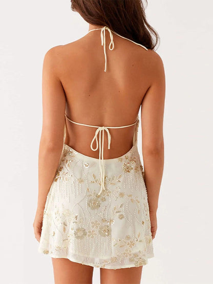 Sparkling Floral Embroidery Party Dress – Sexy Backless Mini Gown for Women