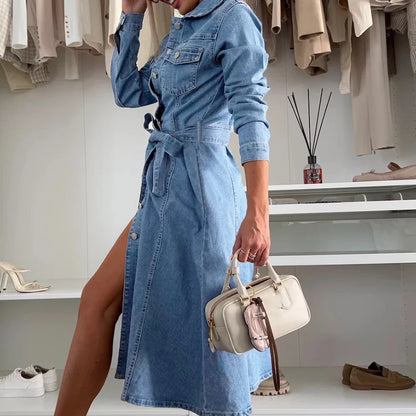 High-Waist Denim Midi Dress – Casual Lapel Shirt Style with Belted Fit