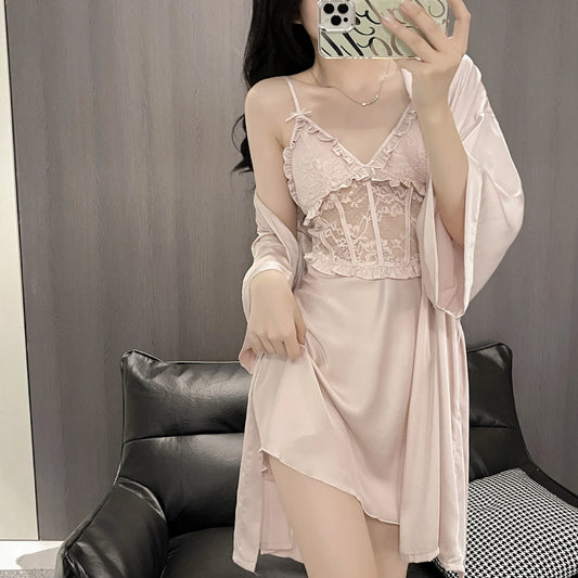 Elegant Women’s Satin Nightgown & Robe Set – Deep V Lace Homewear Suit