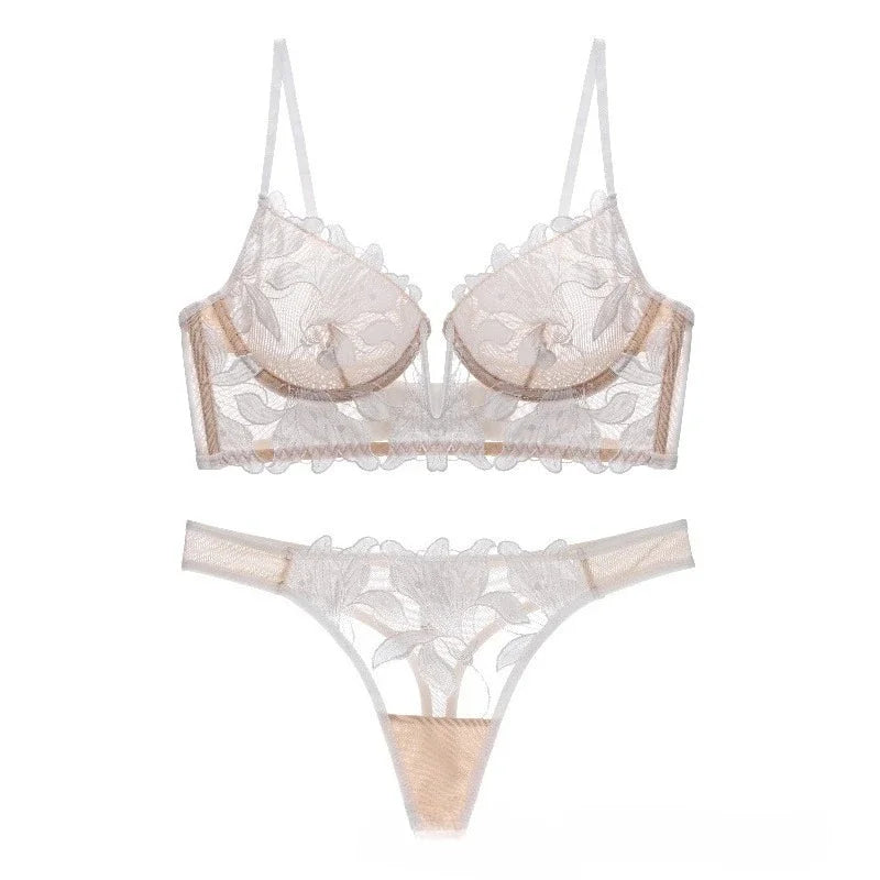 French Style Embroidered Lingerie Set – Deep V Plunge Bra & Sheer Thong for Women