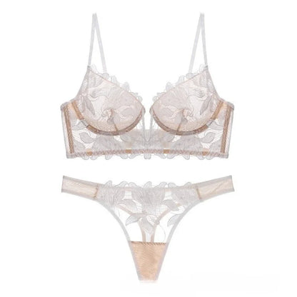 French Style Embroidered Lingerie Set – Deep V Plunge Bra & Sheer Thong for Women
