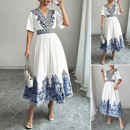 Elegant White Summer Midi Dress – Blue Embroidery & A-Line Fit by Rafiah