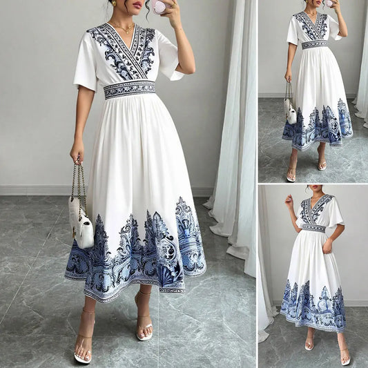 Elegant White Summer Midi Dress – Blue Embroidery & A-Line Fit by Rafiah
