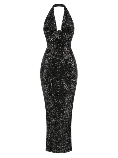 Glamour Green Sequin Halter Maxi Dress – Deep V Celebrity Gown