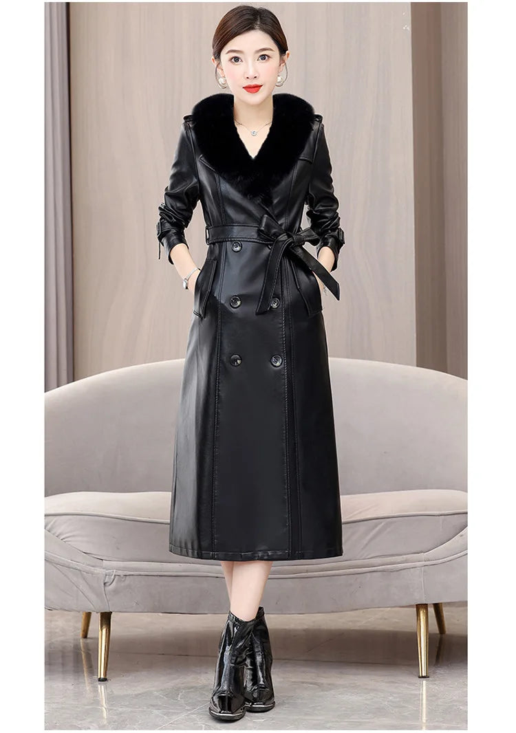 Trendy Sheepskin Leather Coat – Long Over-Knee Autumn Winter Fashion for Women