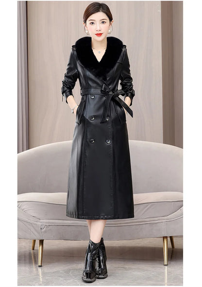 Trendy Sheepskin Leather Coat – Long Over-Knee Autumn Winter Fashion for Women