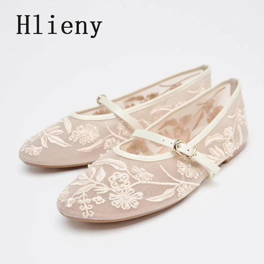 Elegant Mesh Mary Janes with Floral Embroidery & Pearls – Hlieny Loafers