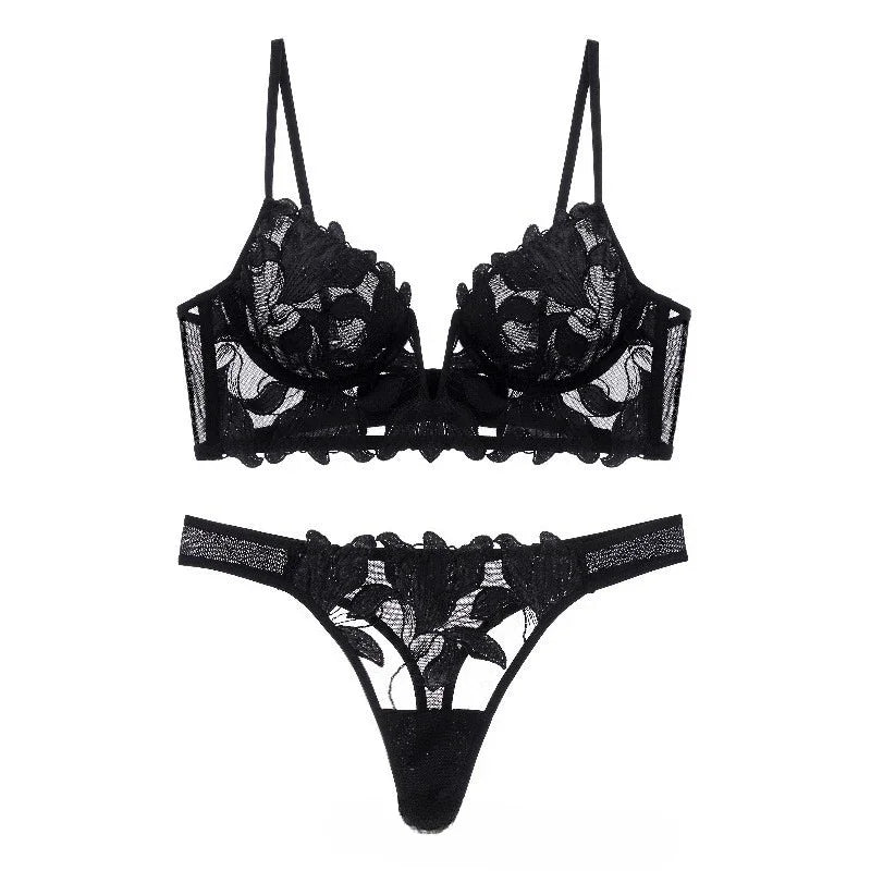 French Style Embroidered Lingerie Set – Deep V Plunge Bra & Sheer Thong for Women