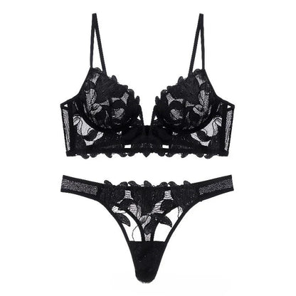 French Style Embroidered Lingerie Set – Deep V Plunge Bra & Sheer Thong for Women