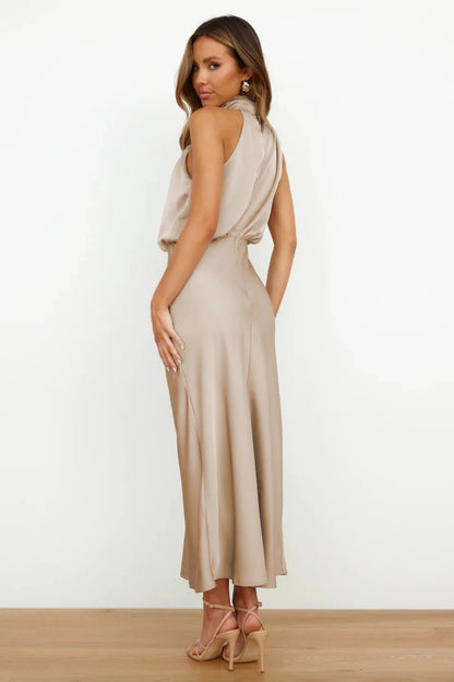 Luxury Satin Party Dress – Sleeveless Long Gown for Women’s Evening Events