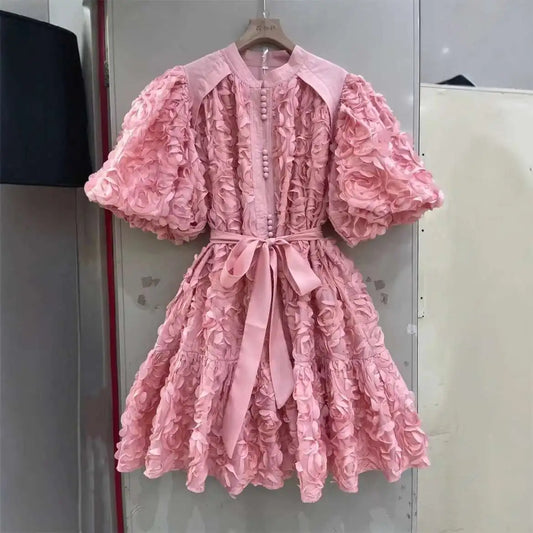 Blooming Grace – 3D Floral Bubble Sleeve Evening Dress
