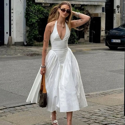 Talenza Summer Sleeveless Halter Dress – Elegant White Evening Gown