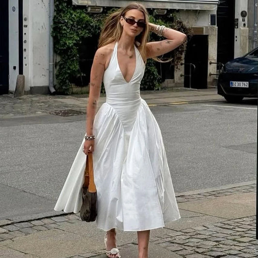 Talenza Summer Sleeveless Halter Dress – Elegant White Evening Gown