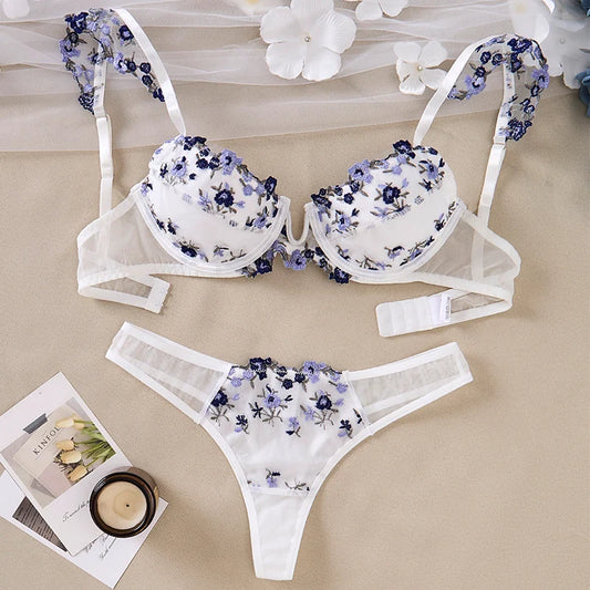 Elegant & Sexy Lingerie Set – Sheer Push-Up Bra with Embroidered Detail