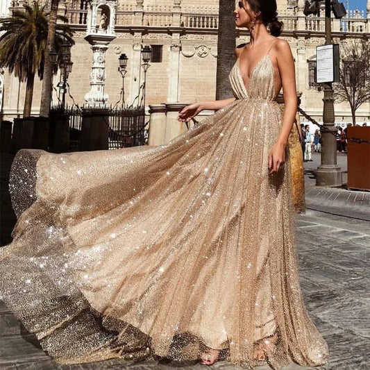 Shimmering V-Neck Sequin Maxi Dress – Elegant Suspender Party Dress