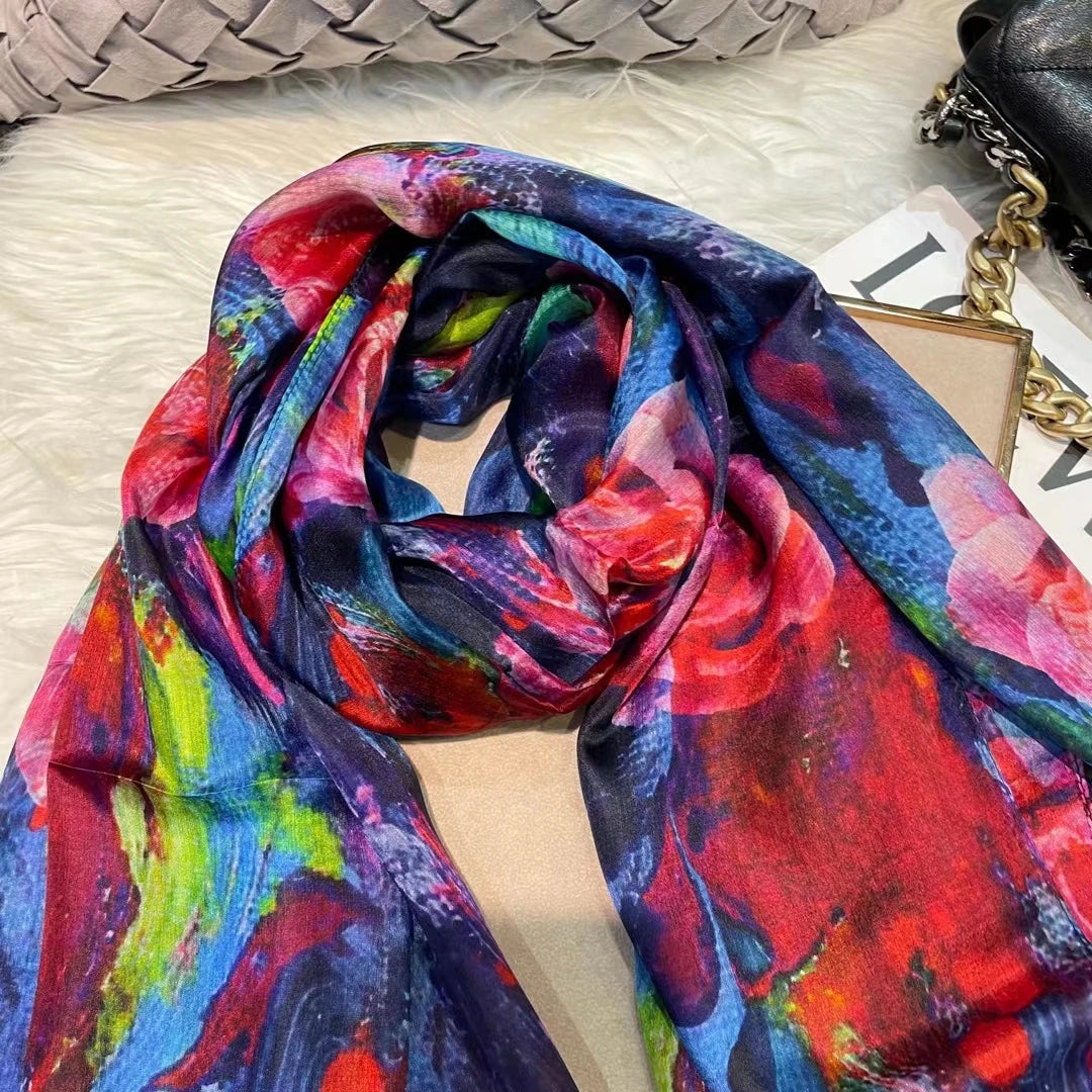 Elegant Blue Graffiti Silk Shawl – Neck & Head Scarf for All Seasons