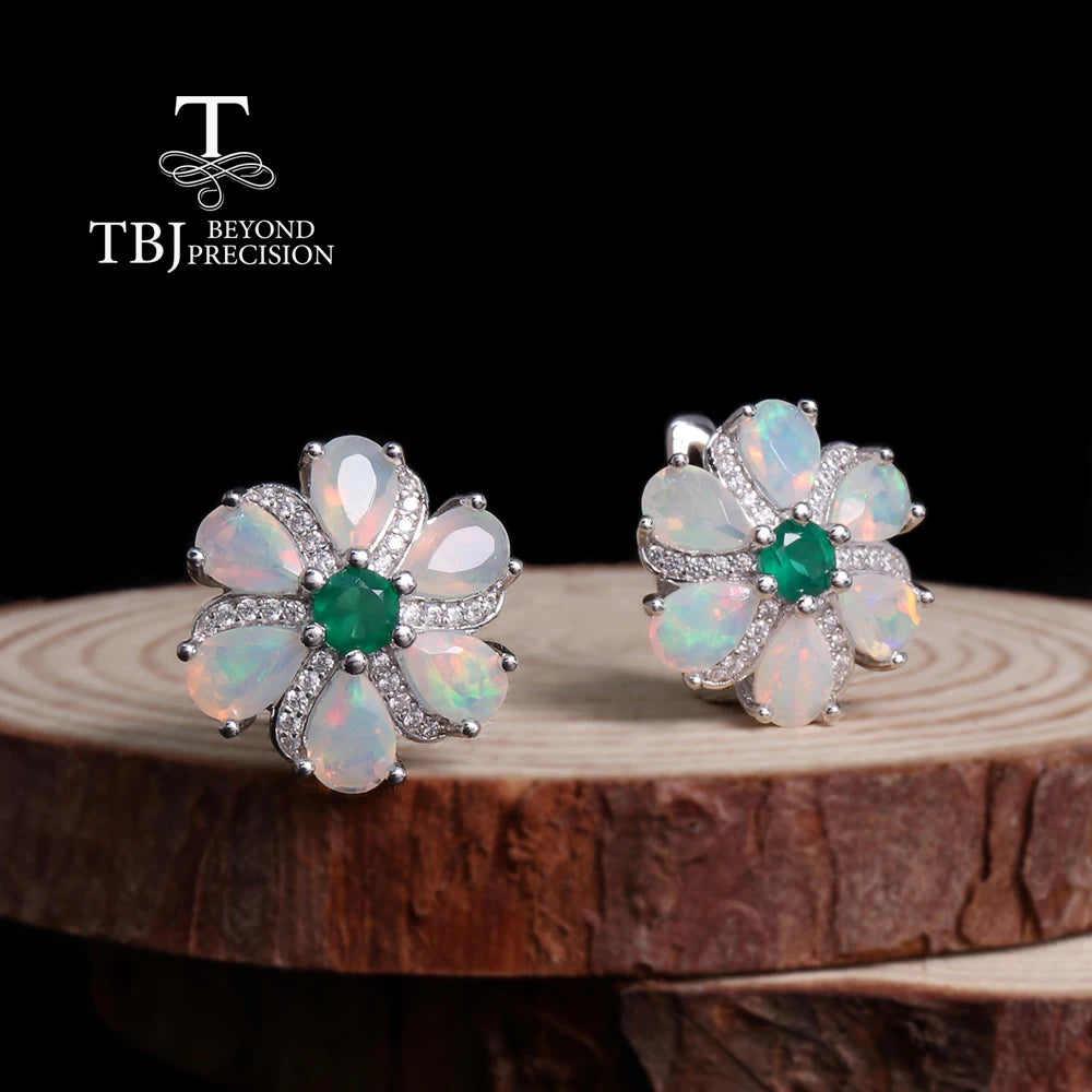 Celestial Elegance – Opal & Green Agate 925 Sterling Silver Earrings