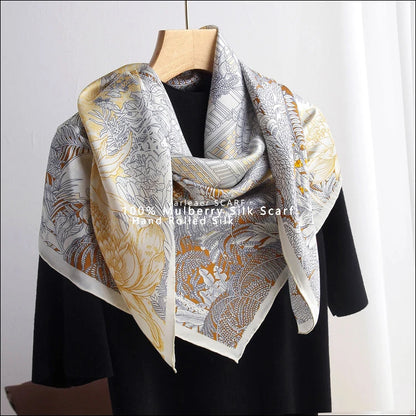 Luxury 110CM Silk Scarf for Women – Tropical Faubourg Print Head & Neck Shawl
