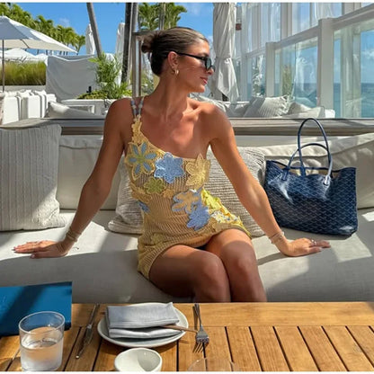Vibrant Floral Knit Mini Dress – Sexy Hollow Out Beach Outfit
