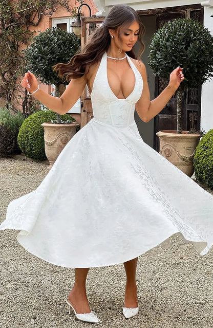 Elegant Bodycon Party Dress – White Jacquard Backless Maxi Dress by NIDANSSI