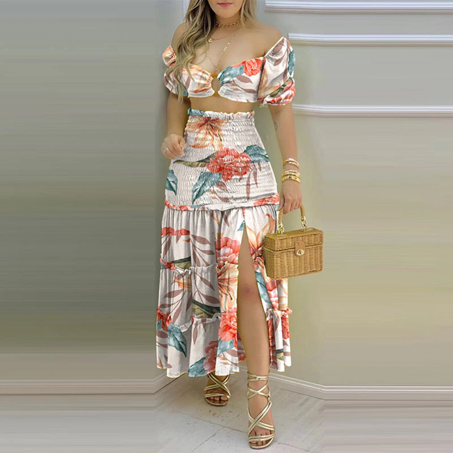 Elegant Floral Print Suit – High Waist Comfortable Dress with Slit for Women